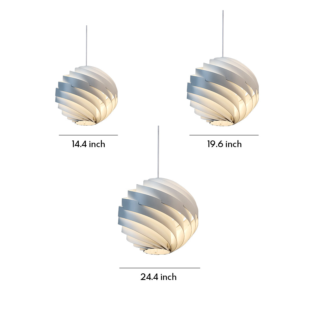 Swirl pendant light size chart showing small and large models for kitchen and dining areas.