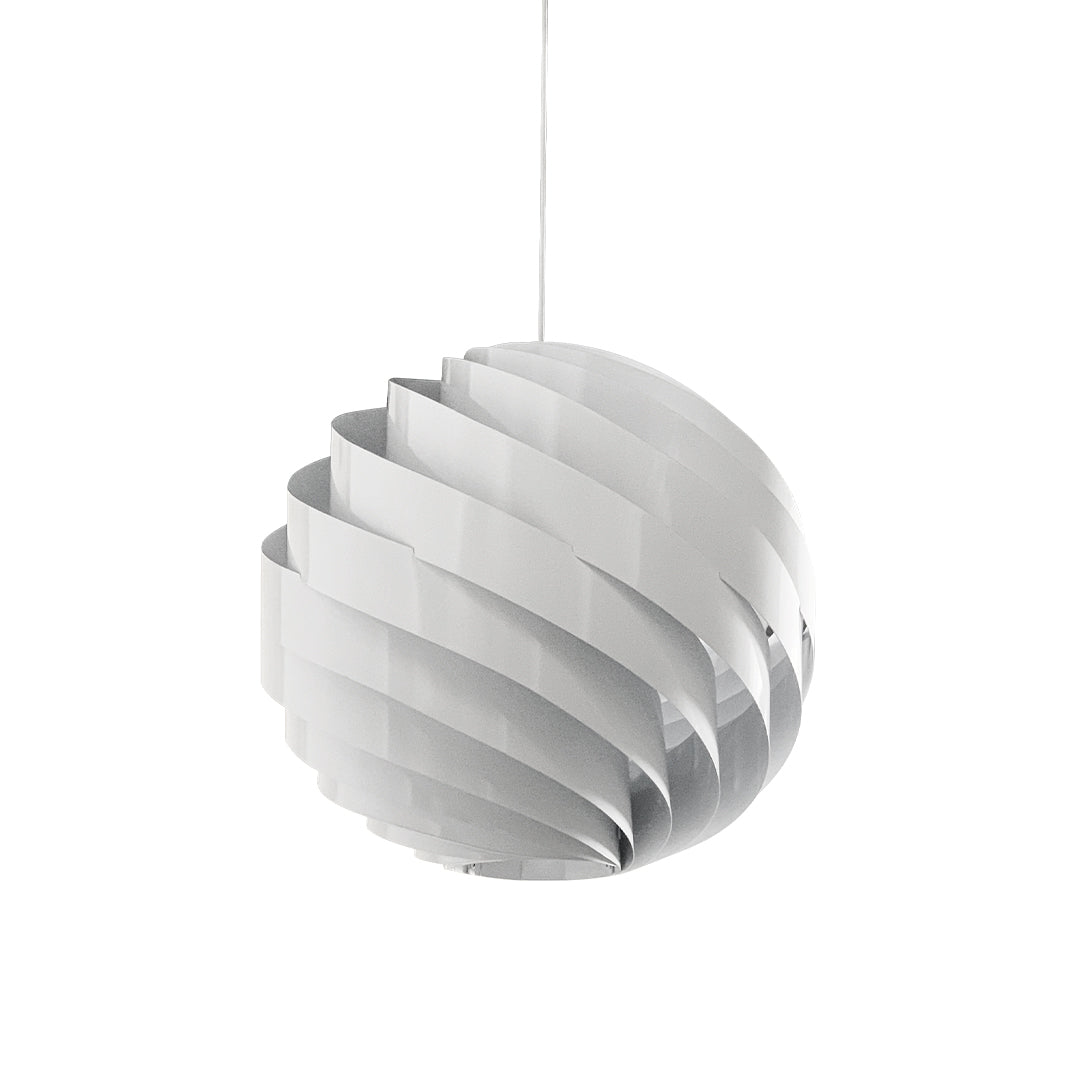 Minimalist white swirl pendant light with layered curved panels and soft ambient lighting.