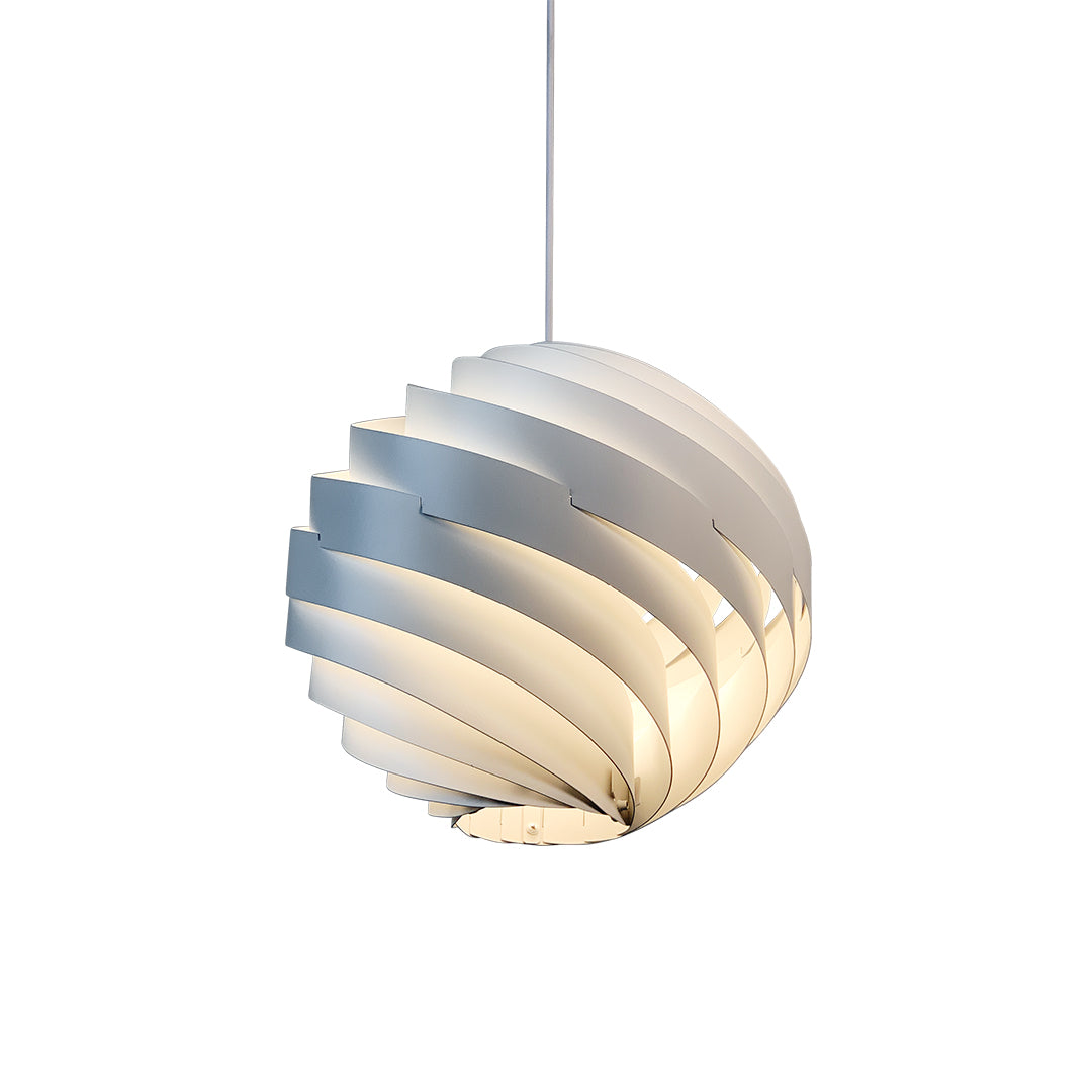 Modern swirl pendant light in matte white finish with sculptural spiral design.