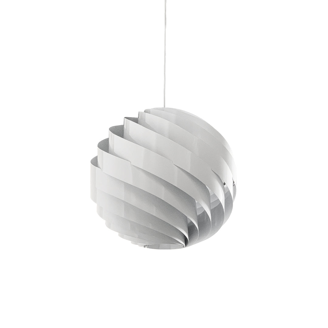 White swirl pendant light featuring layered spiral design and minimalist shape.