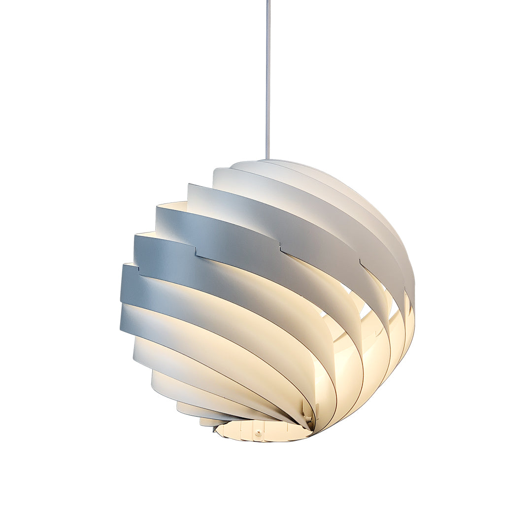 Gray swirl pendant light with soft LED illumination and artistic spiral texture.