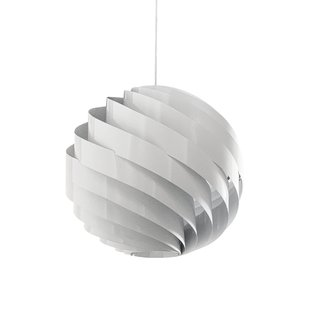 White swirl pendant light with circular spiral shade design and even lighting.