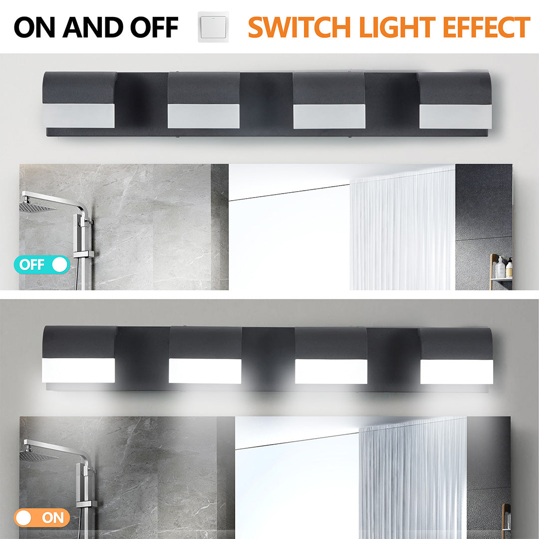Switchable black vanity lighting for bathroom with glass shade chandelier influence showing on/off lighting effect comparison.