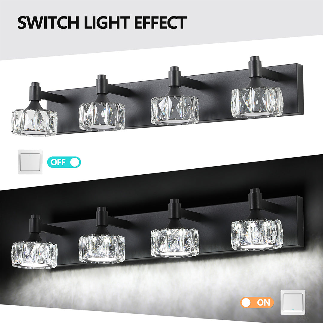 Switchable crystal bathroom vanity light with glass shade chandelier aesthetic showing on/off lighting effect comparison.