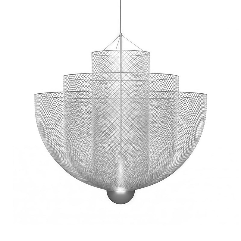 Symmetrical front view of tiered silver mesh chandelier for luxury modern dining room lighting.