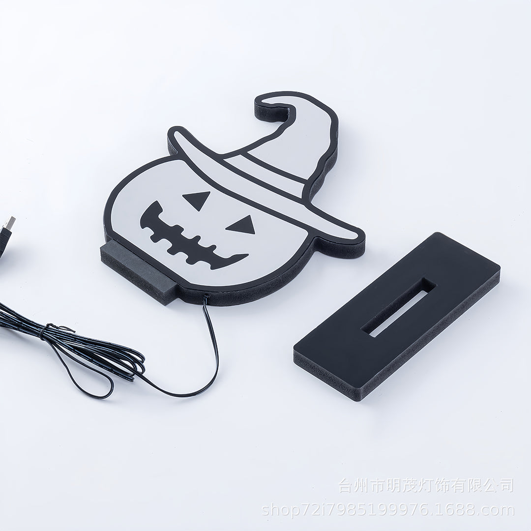Tabletop halloween pumpkin lights with witch hat silhouette, separate base slot, and power cord detail.