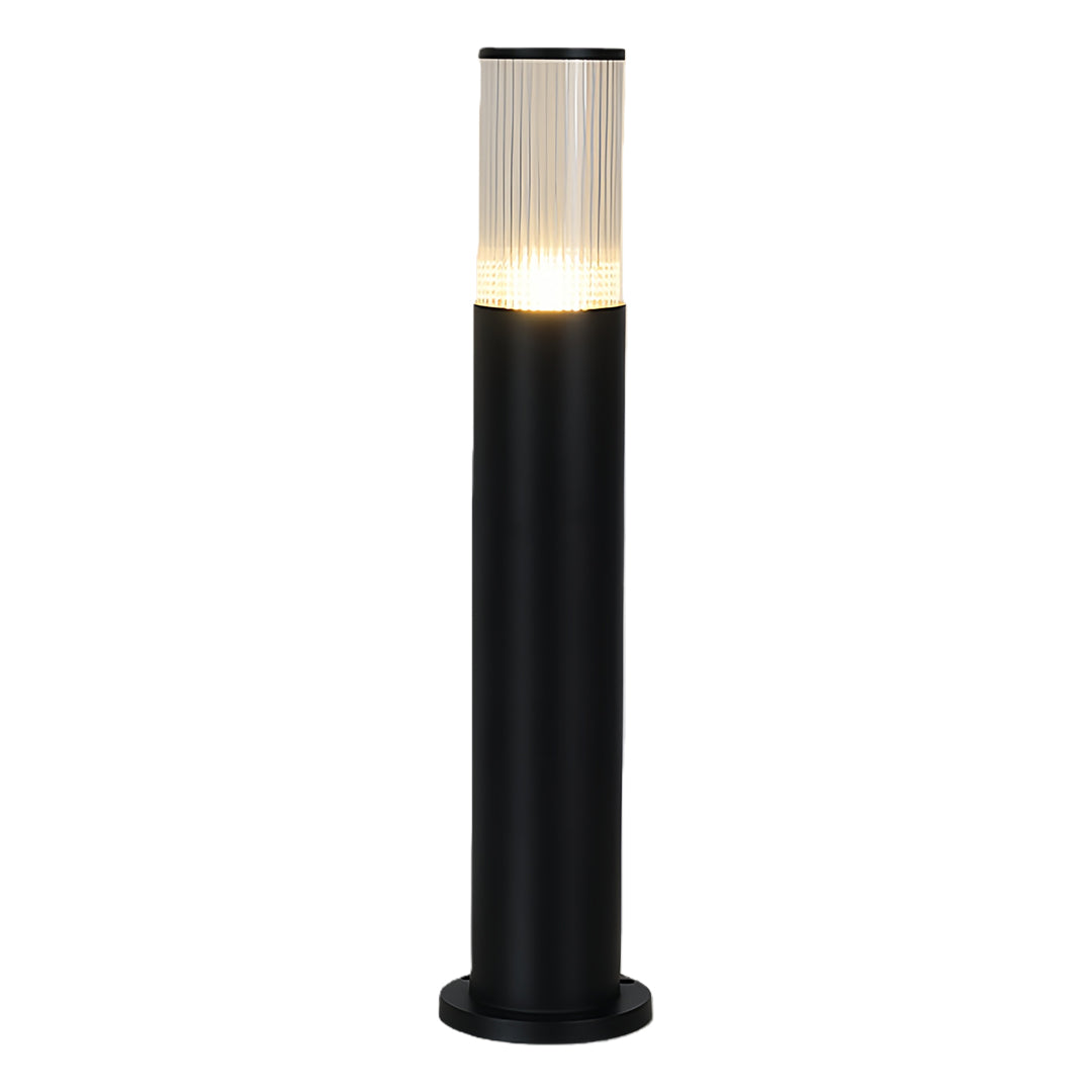 Tall 31.4-inch version of the contemporary bollard path light with a ribbed glass top, shown illuminated.