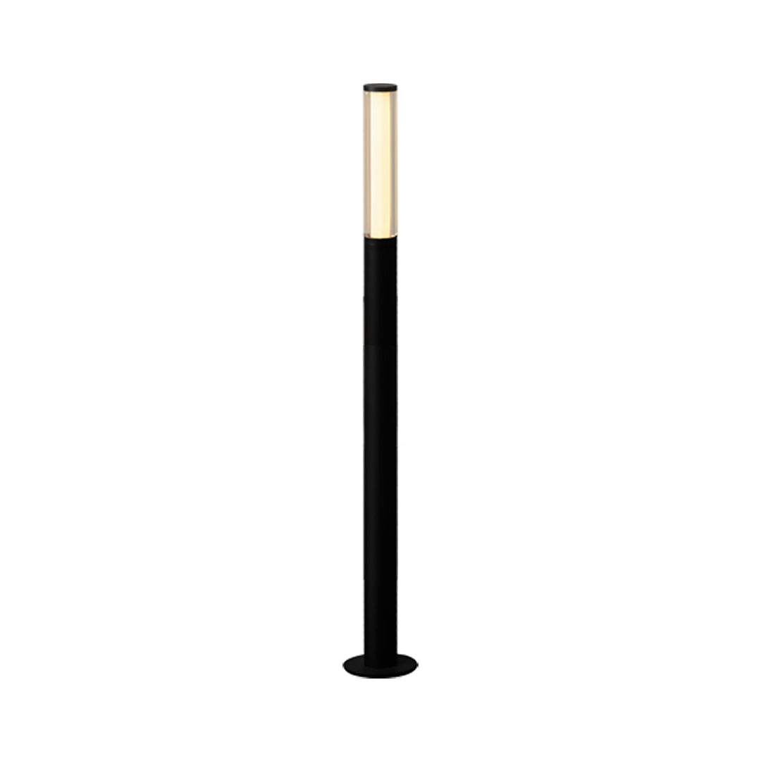 Tall black slim cylindrical led bollard garden light with a warm top diffuser for pathway illumination.