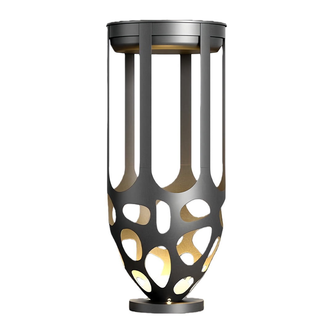 Tall black metal lighted outdoor planter with modern cutout design, isolated on a white background.