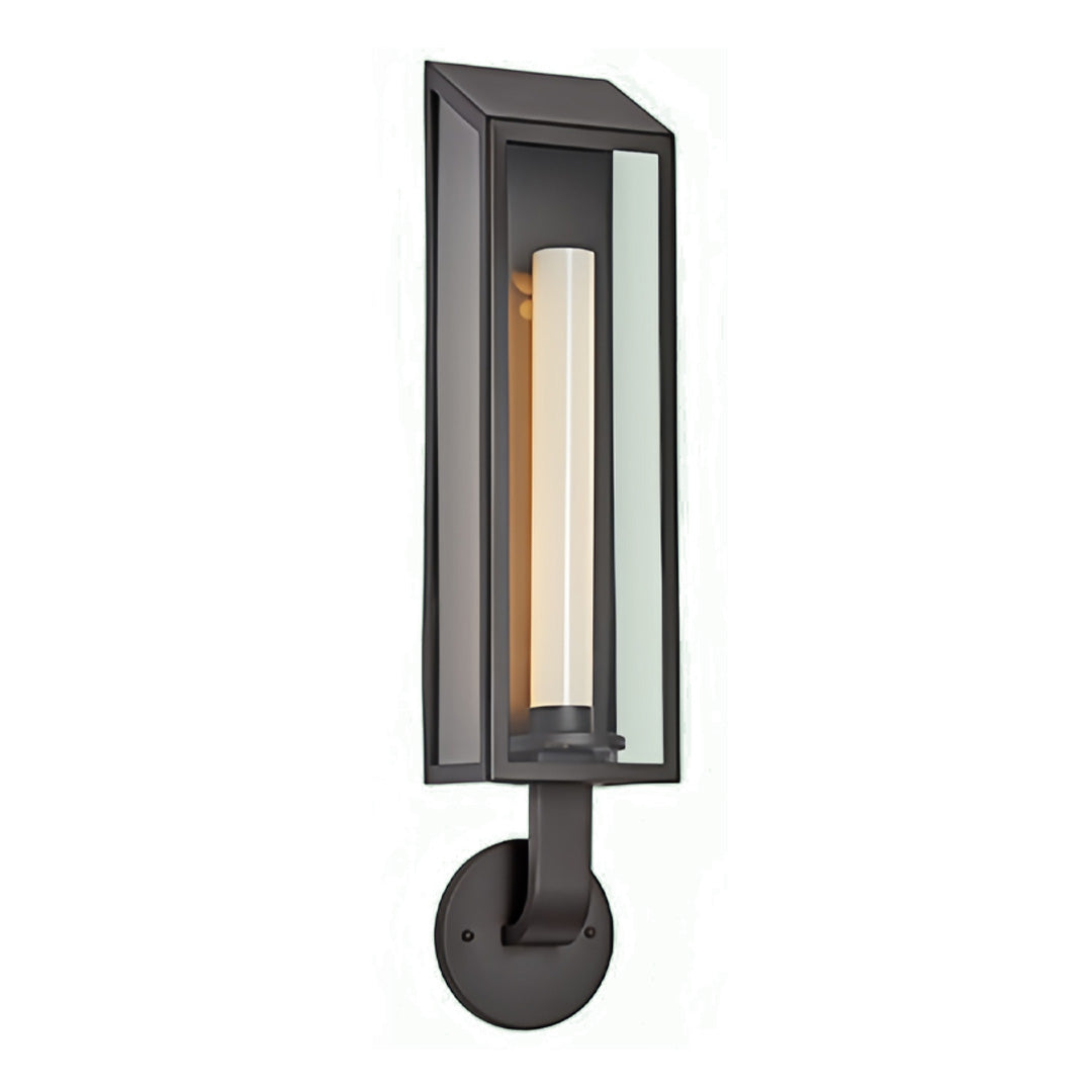 Tall black outdoor wall mount light fixture with clear enclosure and warm LED lighting for modern homes.