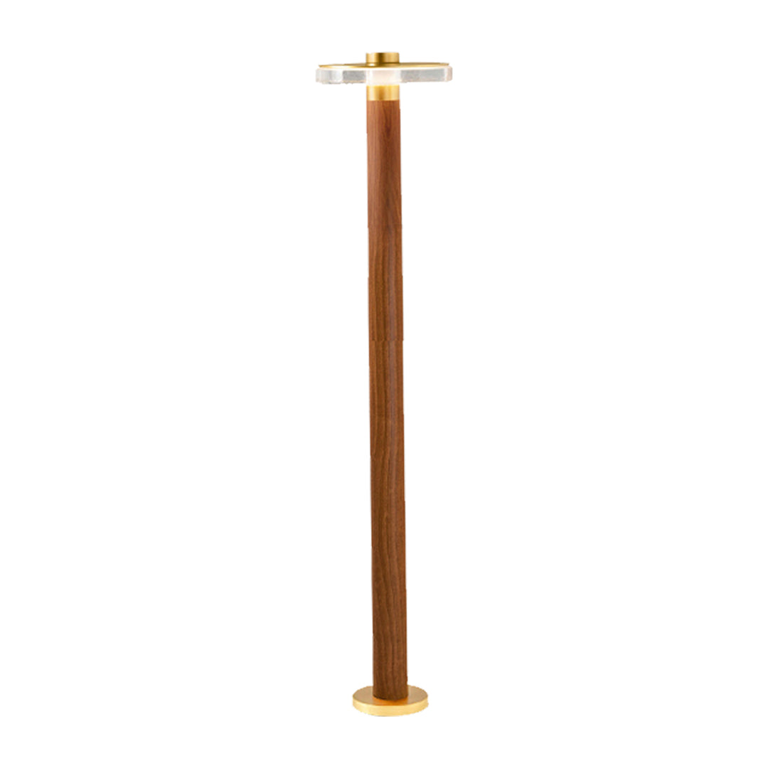 Tall slender bronze landscape pathway lighting fixture with minimalist circular top.
