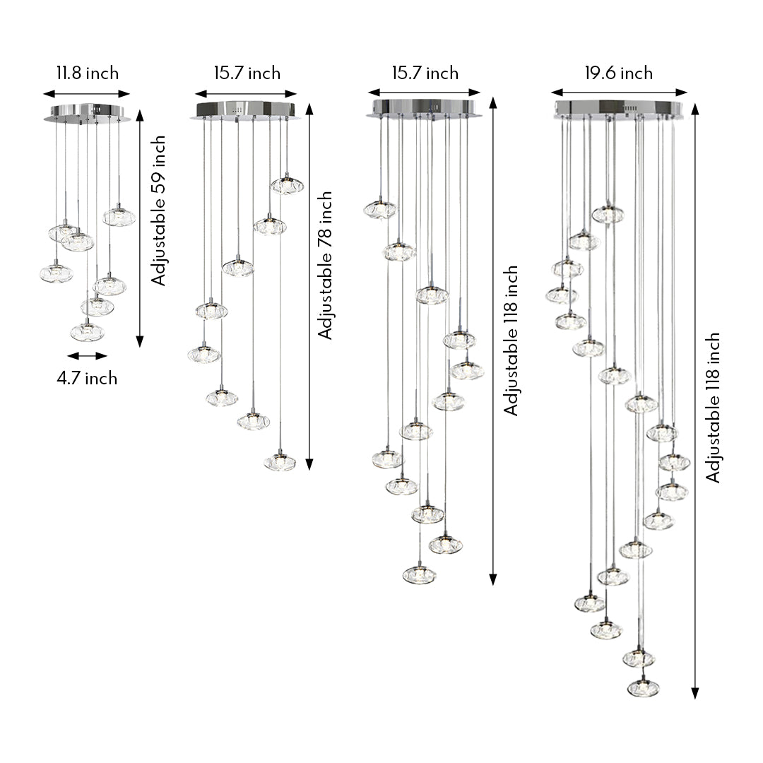 Technical specification diagram of chandelier for tall ceilings showing detailed measurements and multi-tiered glass pendant arrangement