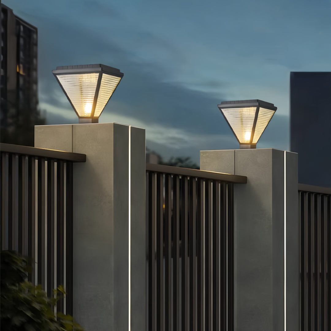 LED pillar lights on tall concrete columns creating a modern outdoor look.
