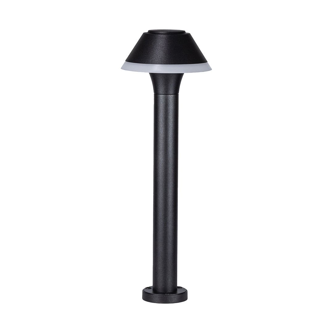 Tall black post light with cone-shaped hat top for area illumination