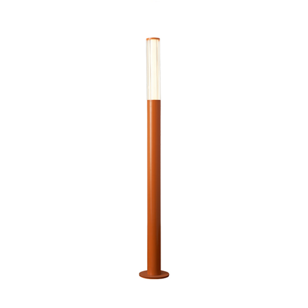 Tall copper slim led bollard garden light with a sleek vertical body and warm illuminated top.