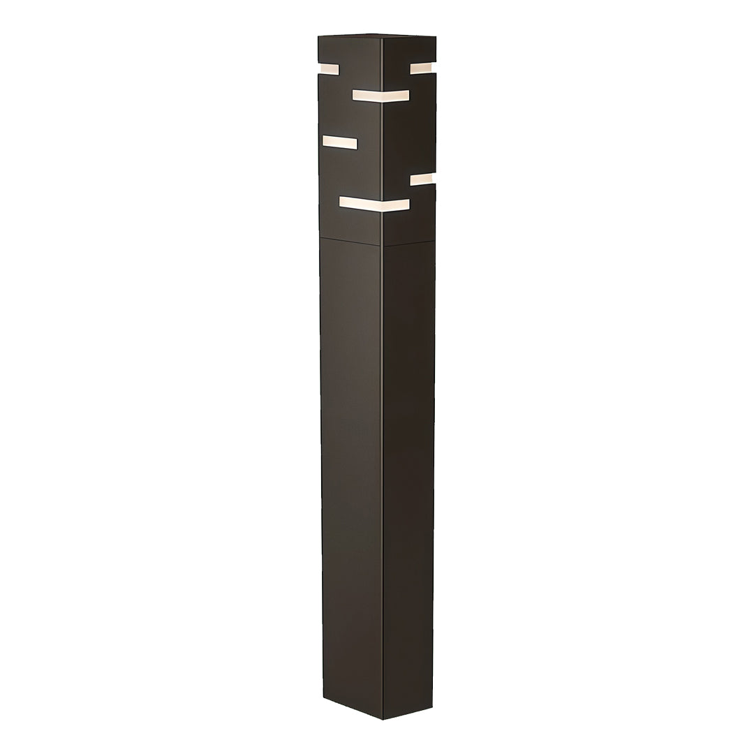Tall cylindrical black led bollard lights with minimalist vertical form designed for modern landscaping and pathway illumination.