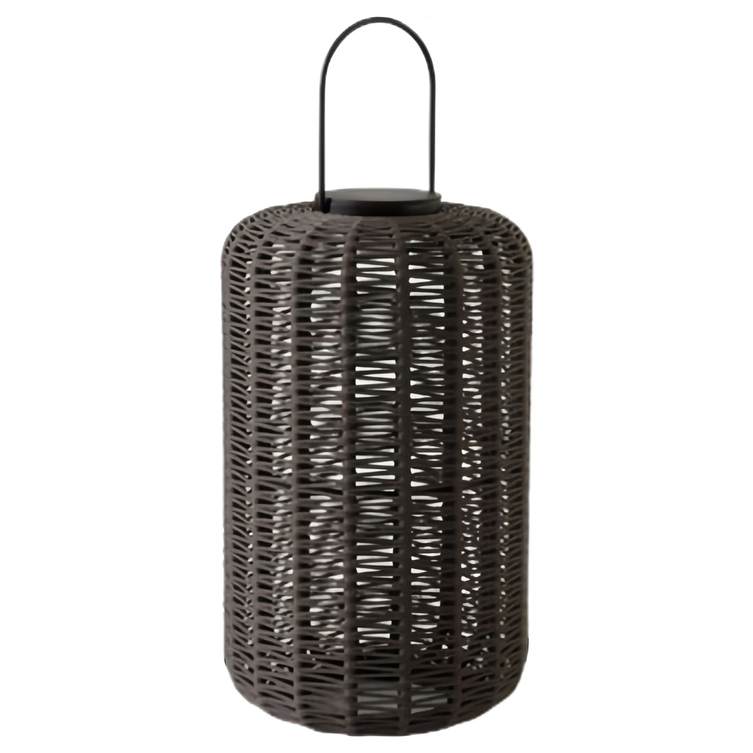 Isolated view of the tall, cylindrical outdoor LED lantern in a dark brown woven finish with a contrasting black handle.