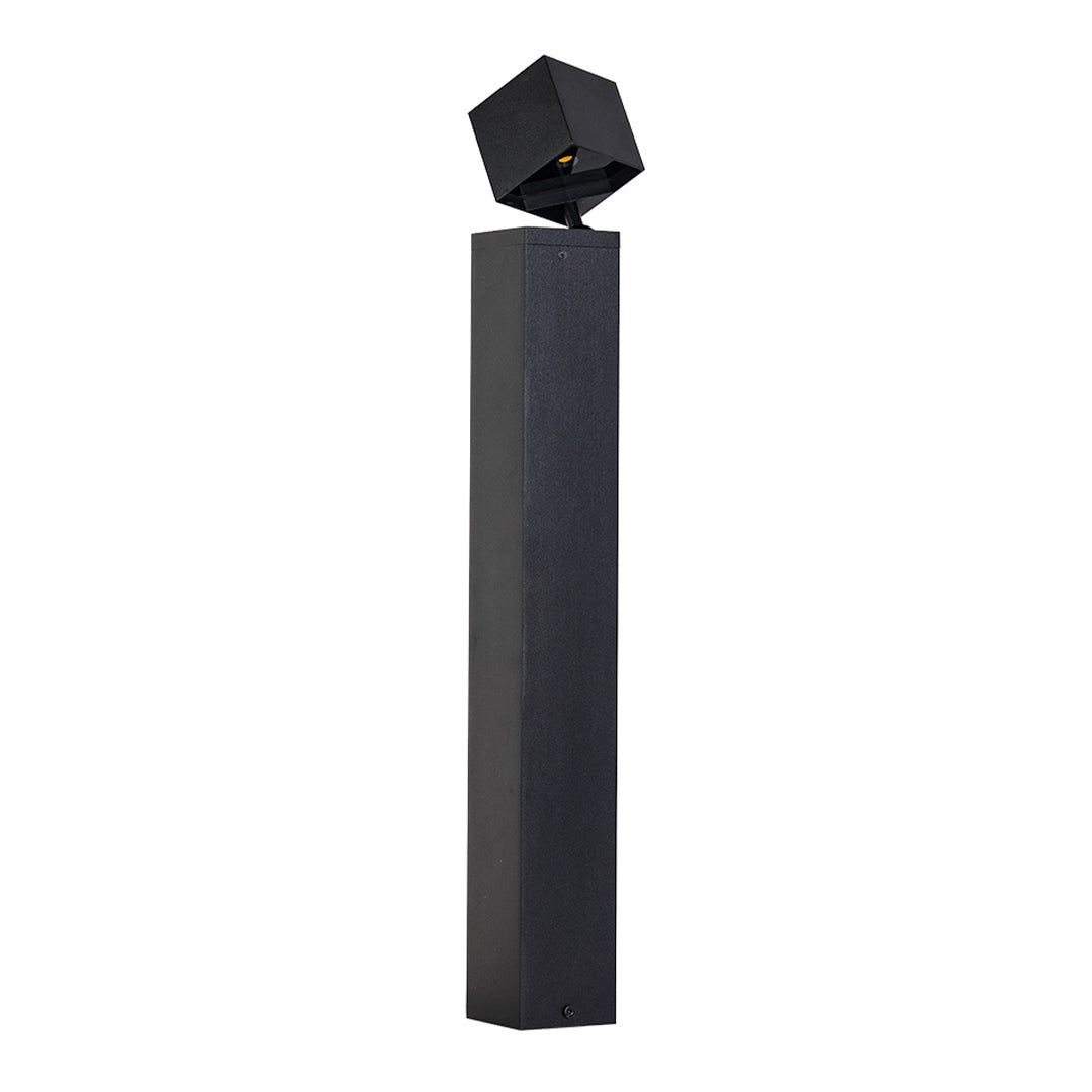 Tall black pathway outdoor light with geometric square fixture head for directional illumination