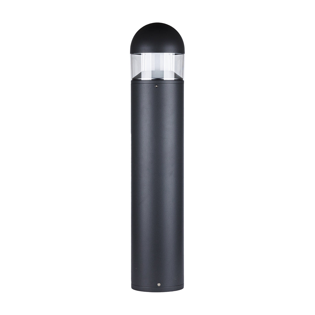 Tall cylindrical post light with central illuminated band and dark finish