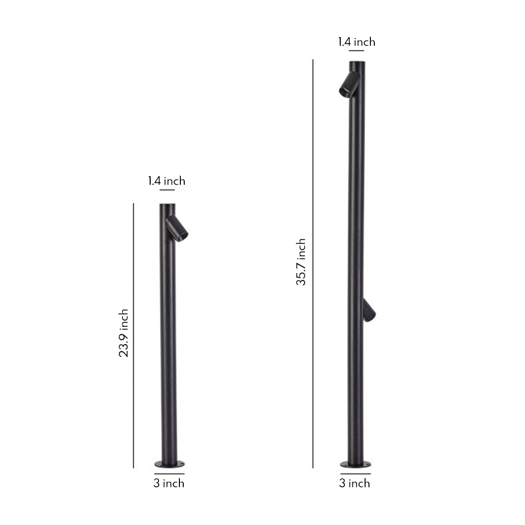 Technical drawing specifications for tall black LED path light bollards showing dimensions and mounting details