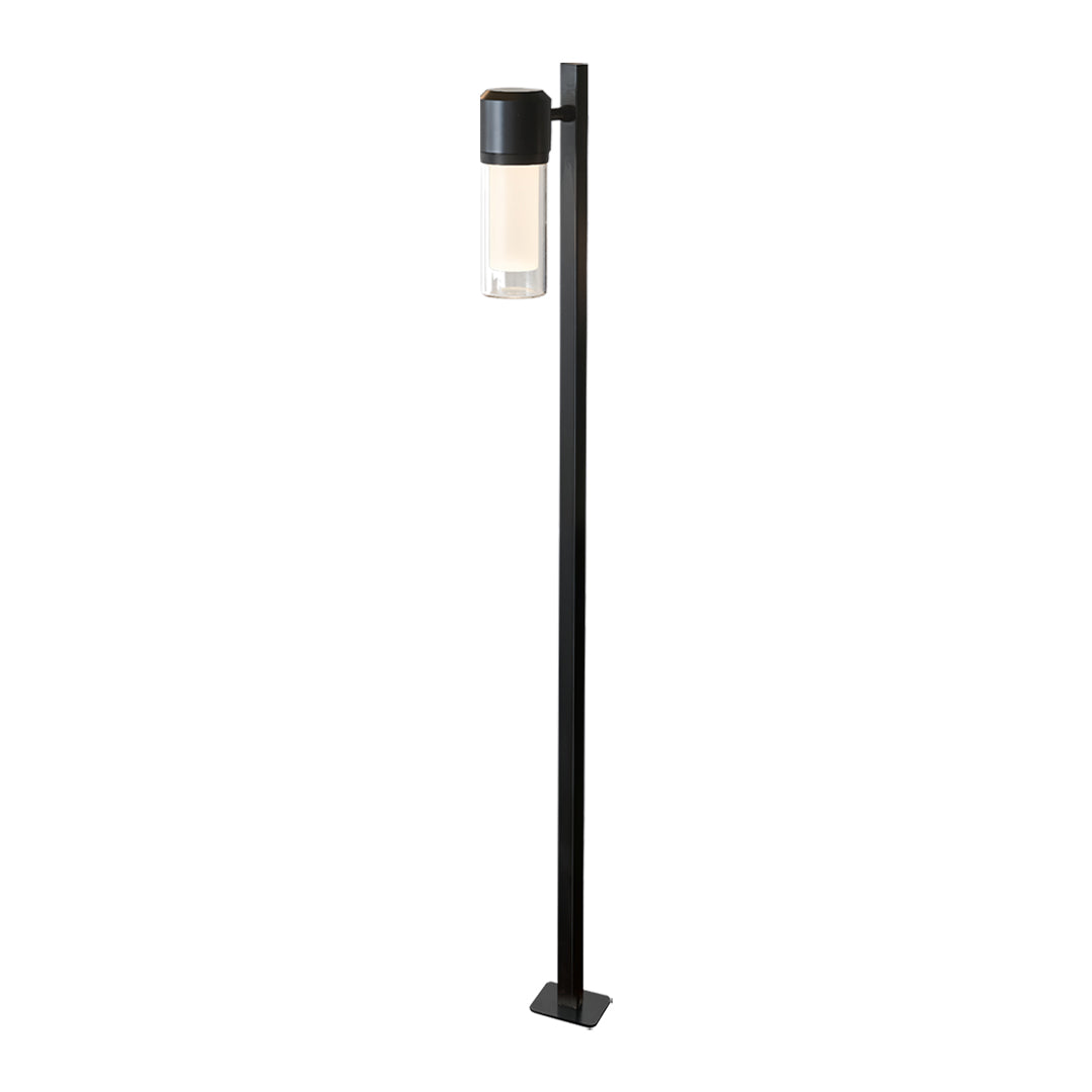 Tall black contemporary path light featuring a vertical pole and minimalist side-mounted lantern.