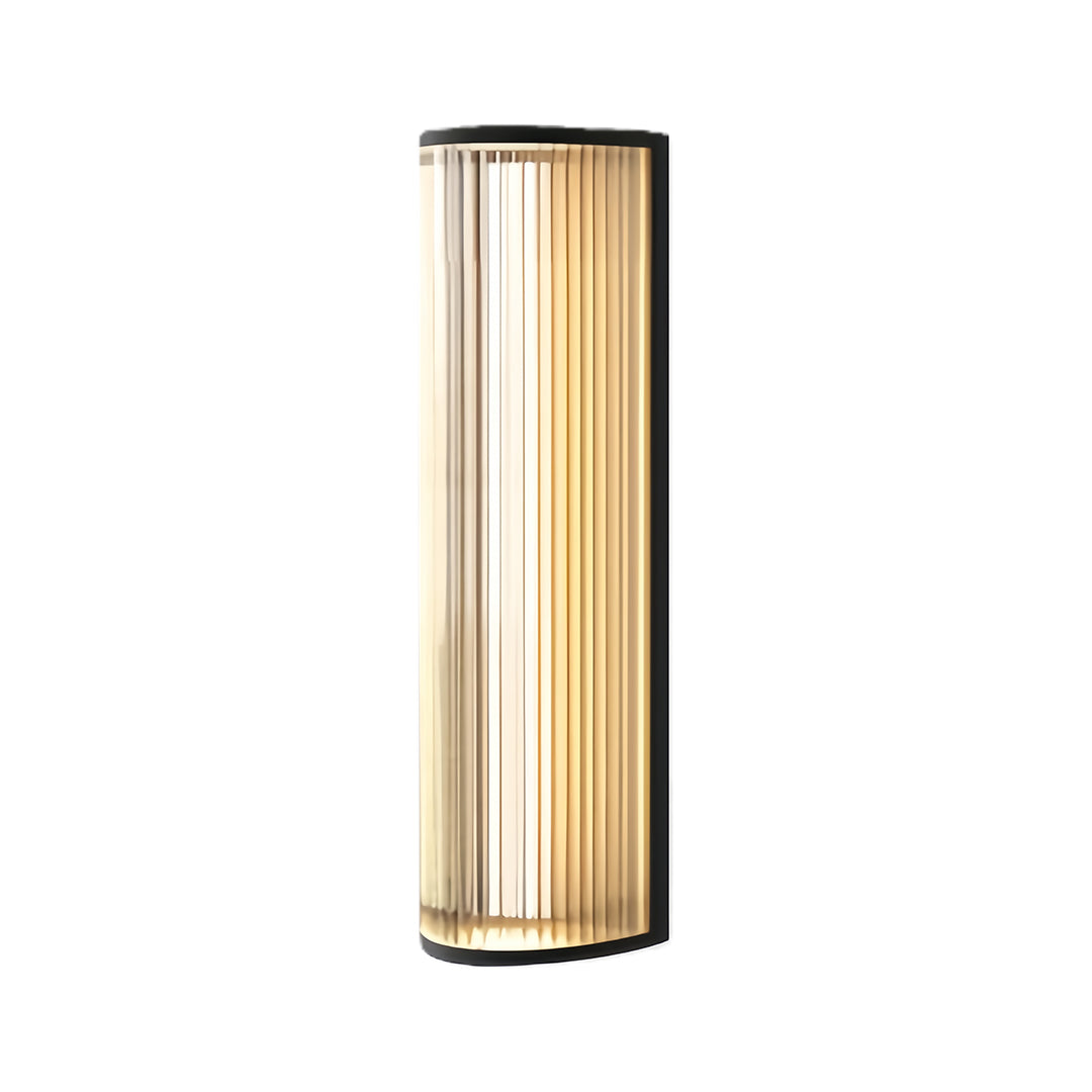 Tall model of an elegant vertical wall sconce lighting fixture featuring a ribbed glass shade.