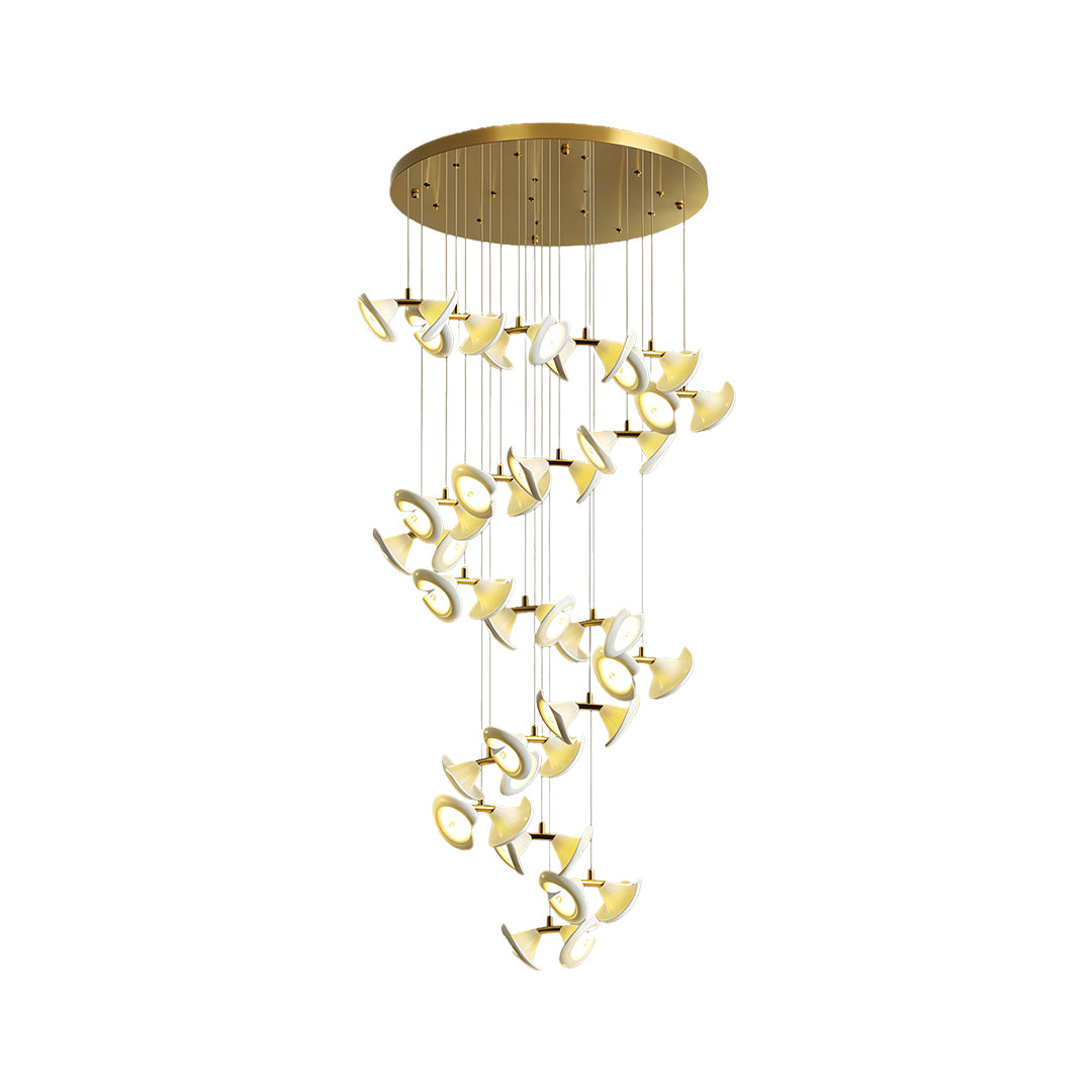 Tall spiral modern brass ceramic chandeliers with multiple hanging lights.