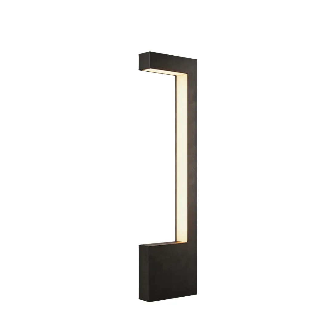 Tall modern LED bollard light with black metal frame and warm vertical lighting
