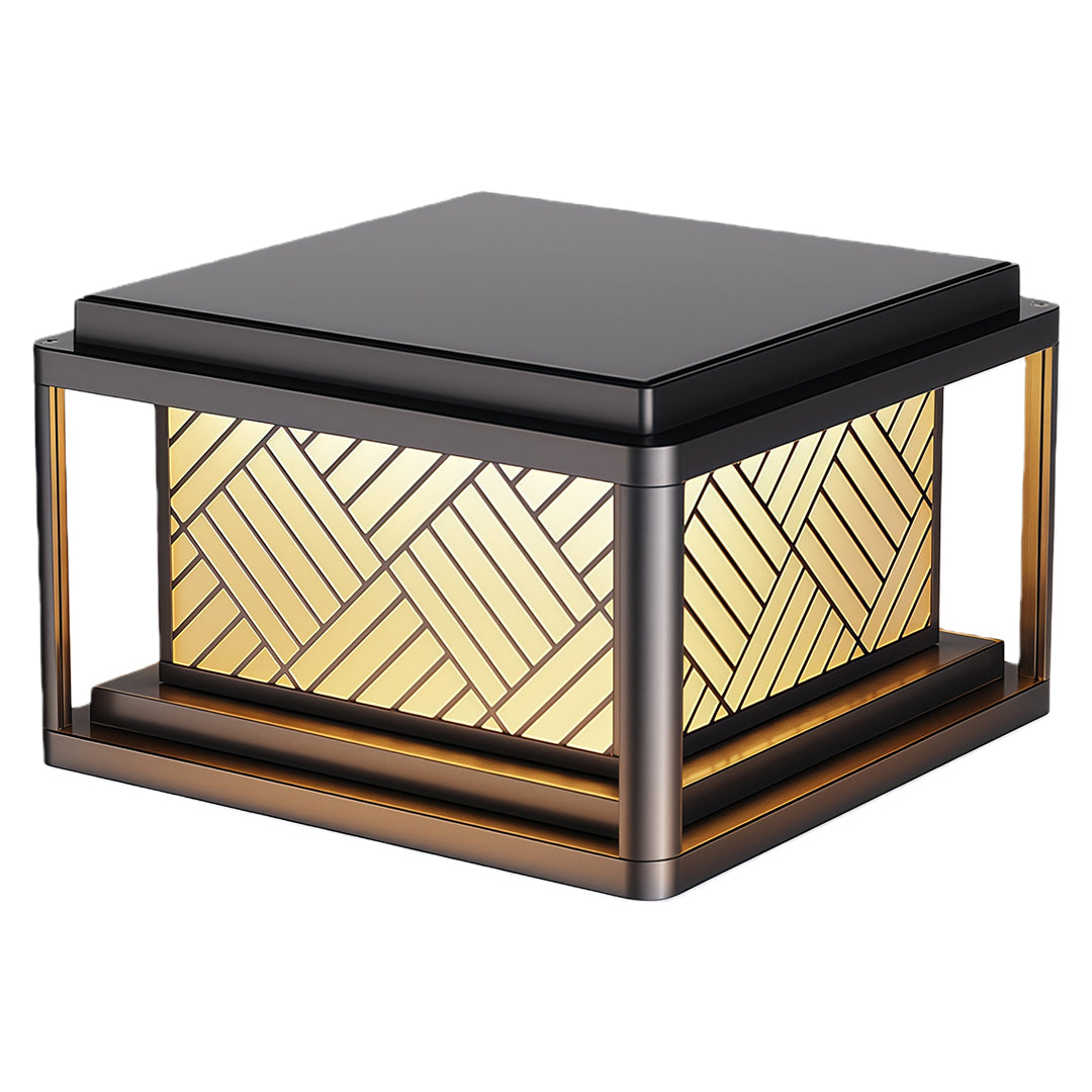 Tall outdoor pillar LED light with metal grid pattern and elegant square shape.