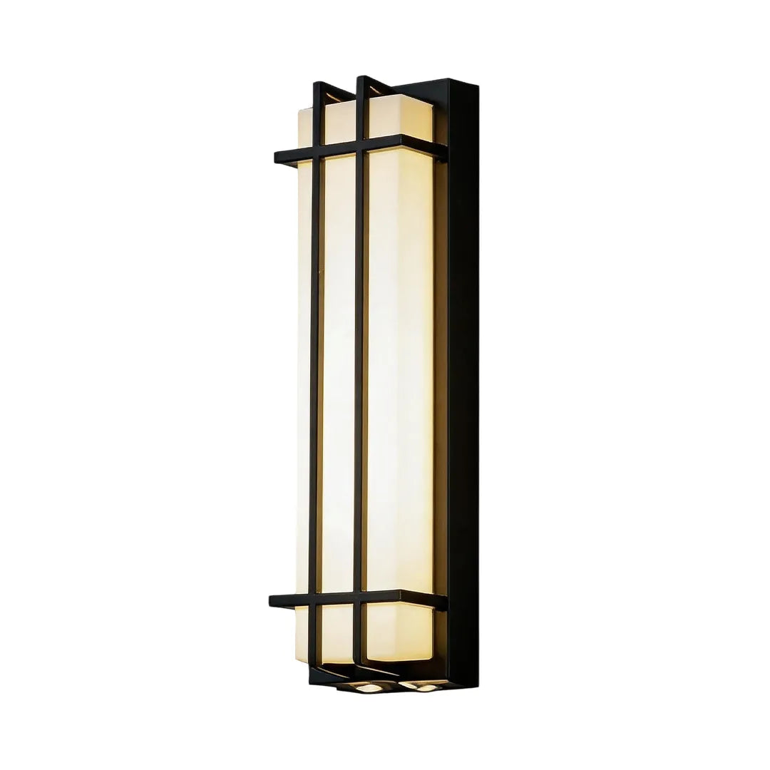 Tall outdoor wall sconce with black metal grid frame and warm LED lighting