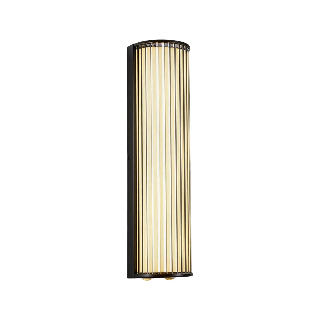 Tall outdoor wall sconce with black metal frame and vertical ribbed glass