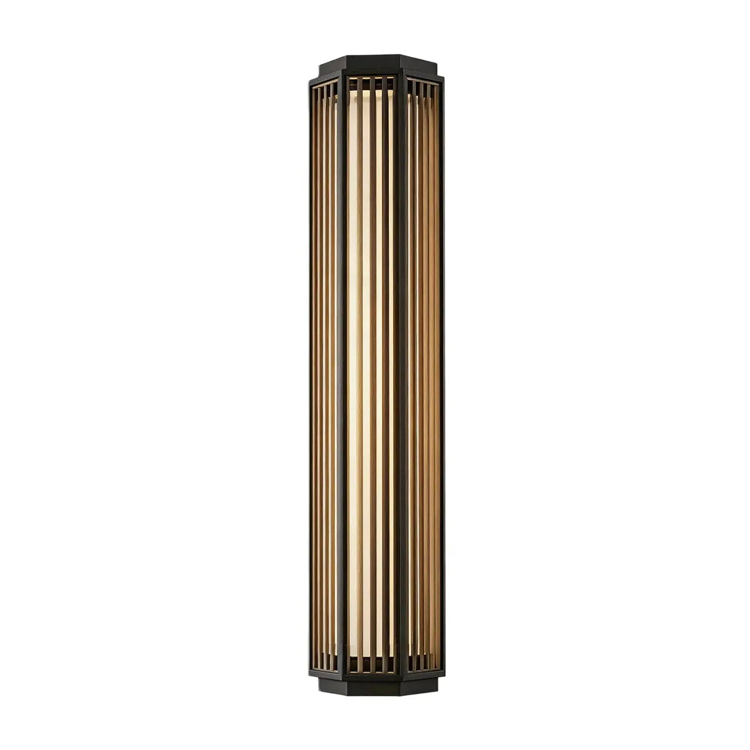 Tall outdoor wall sconce with black slatted frame and warm LED glow