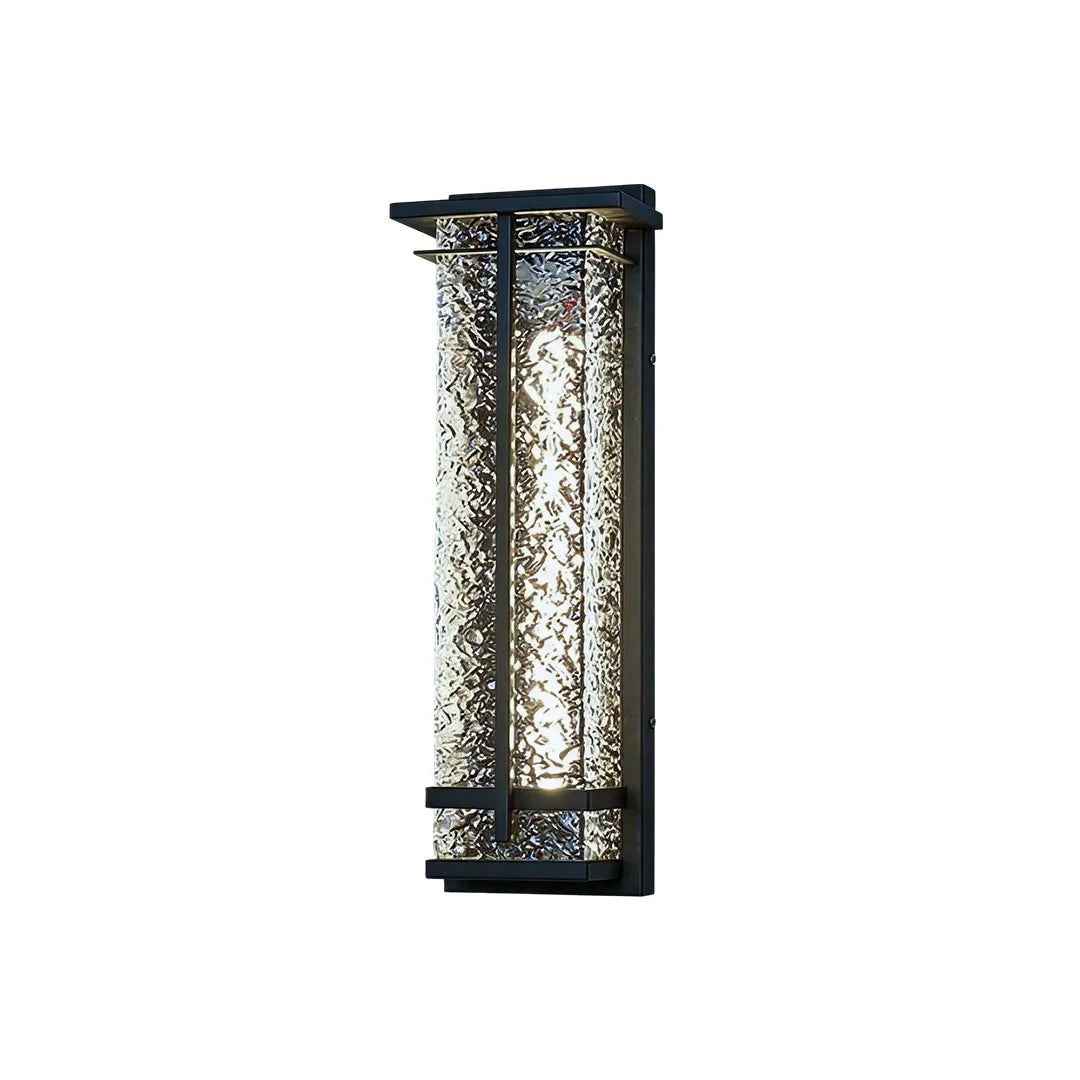 Tall outdoor wall sconce with black metal frame and warm textured glass