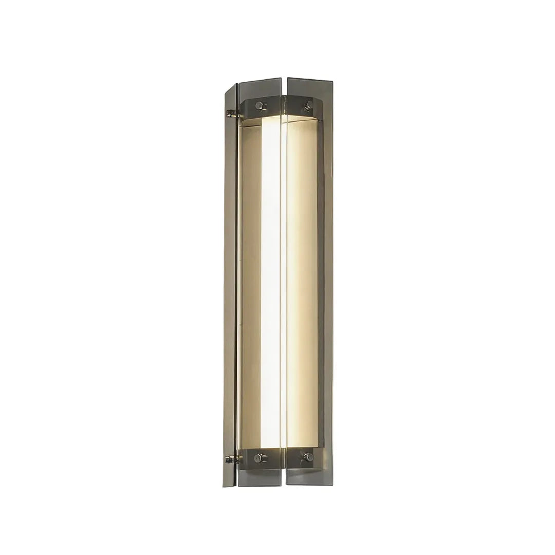 Tall outdoor wall sconce with silver metal frame and warm vertical LED light