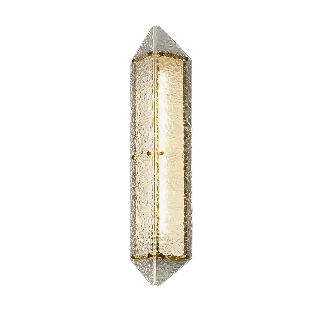Tall outdoor wall sconce with gold metal frame and decorative textured glass