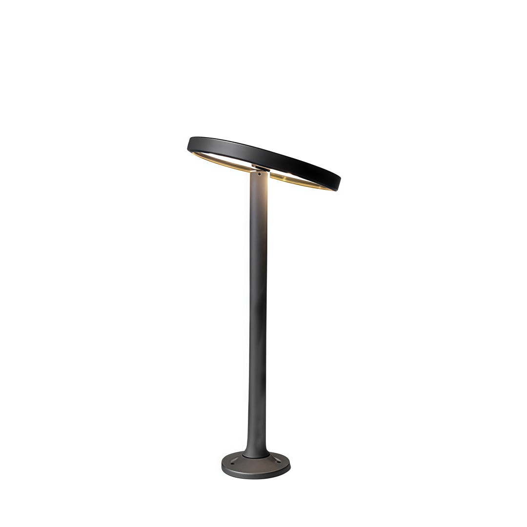 Minimalist dark-finish path lights outdoor featuring a tall post and angled lighting head.
