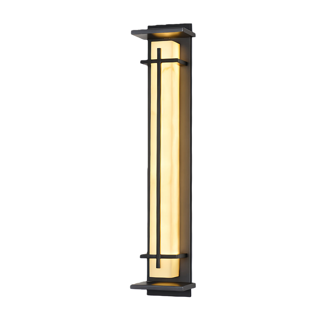 Tall, rectangular black outside wall light with a glowing diffuser and contemporary frame, isolated on white.