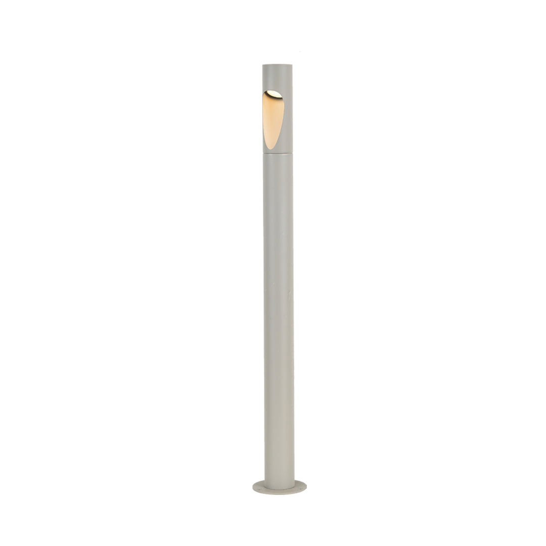 Slim tall silver cylindrical garden bollard led lights with a simple modern form on a white background.