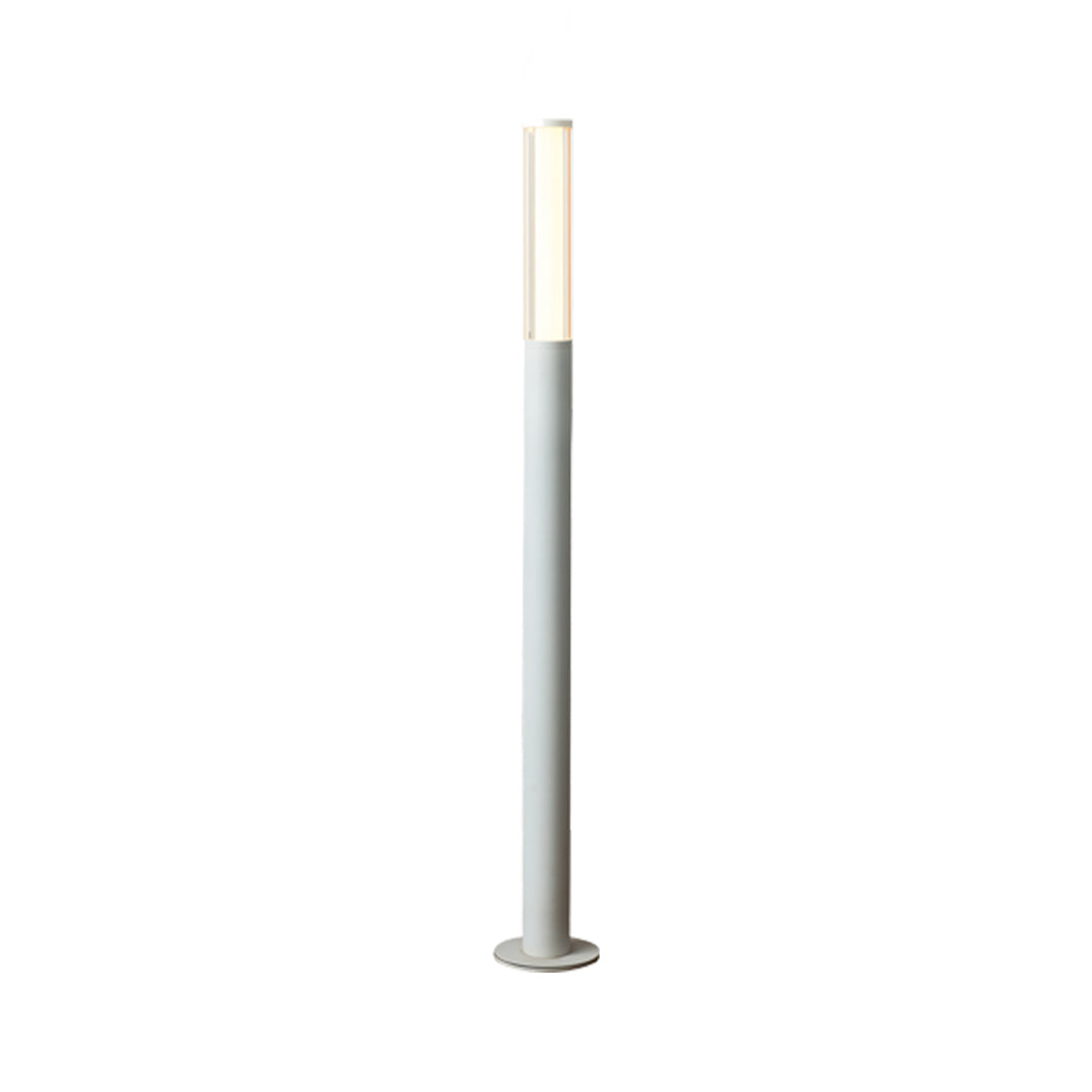 Tall silver led bollard garden light with a slim body and warm glowing top for outdoor path lighting.