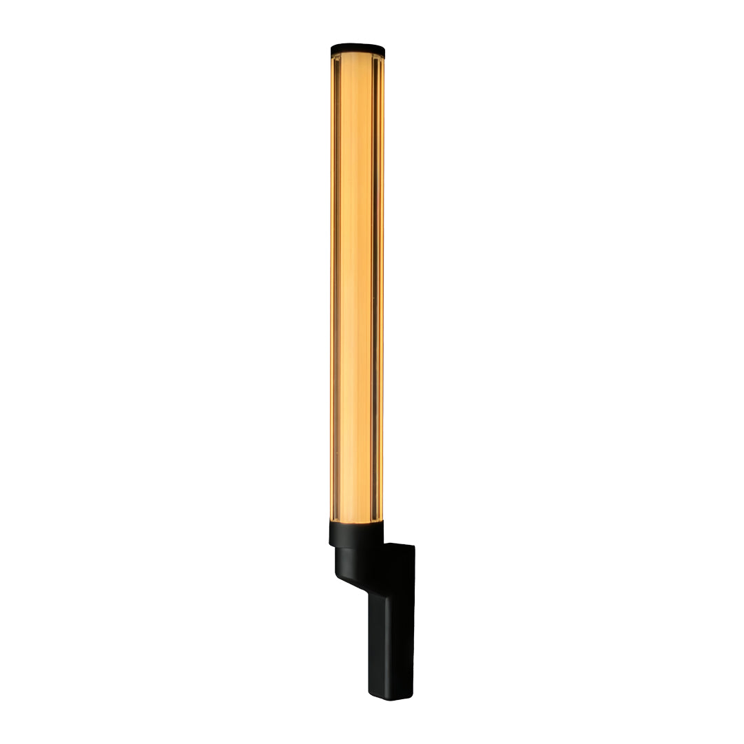 Tall slim gold exterior sconce with black base showcasing a modern outdoor sconces modern aesthetic.