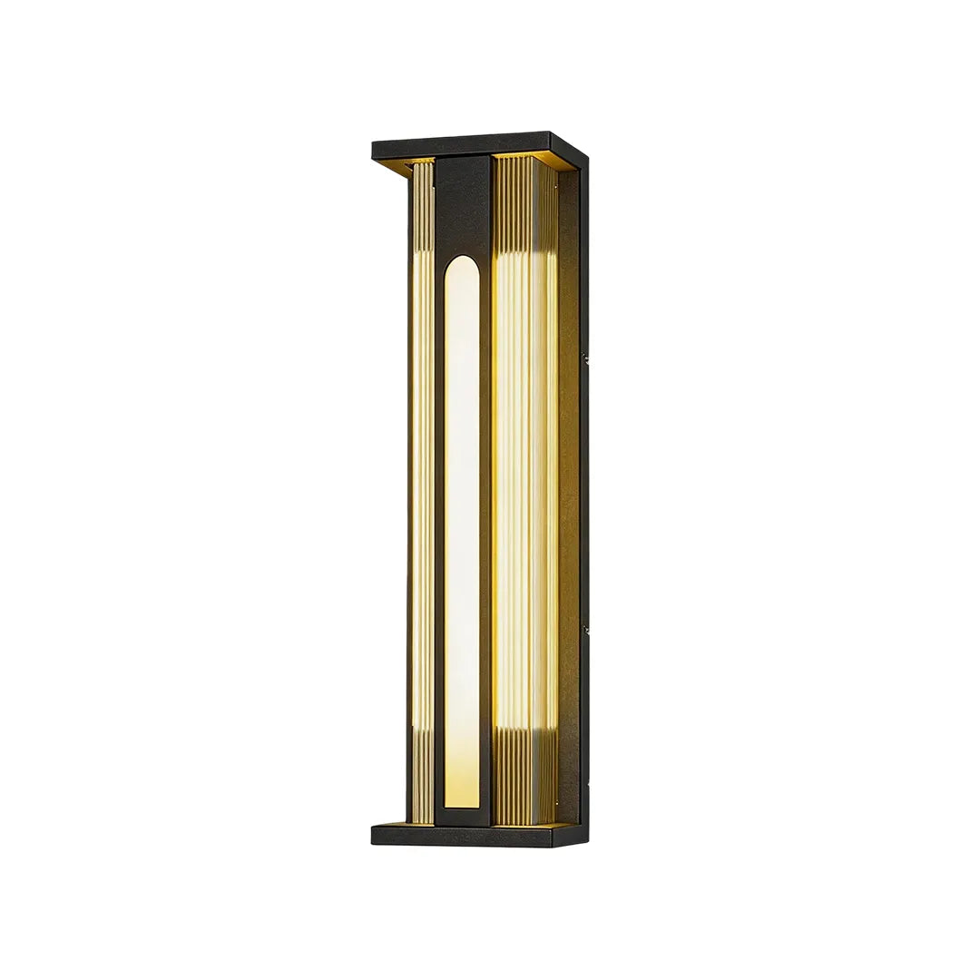 Tall solar wall sconce with black frame and warm vertical illumination