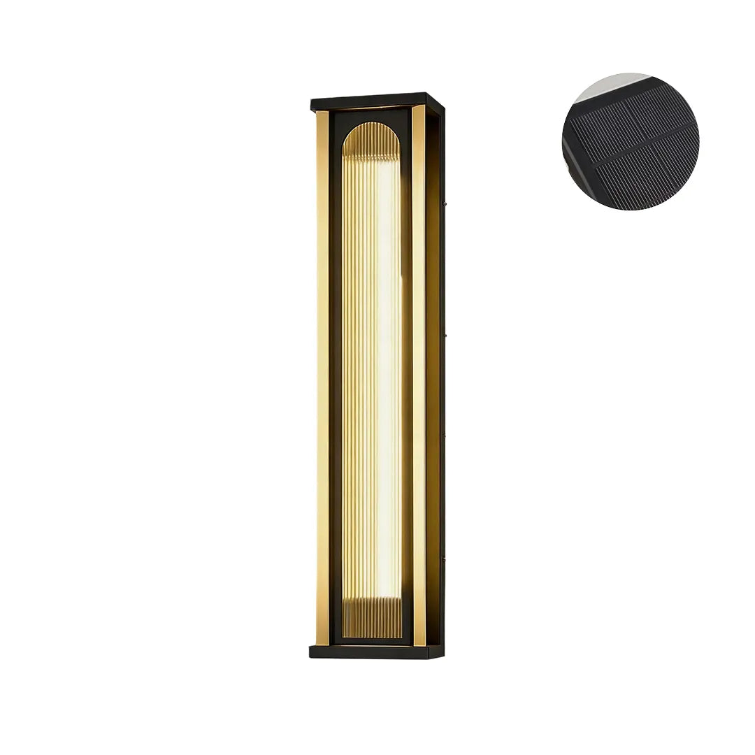 Tall solar wall sconce with integrated solar panel and warm LED illumination