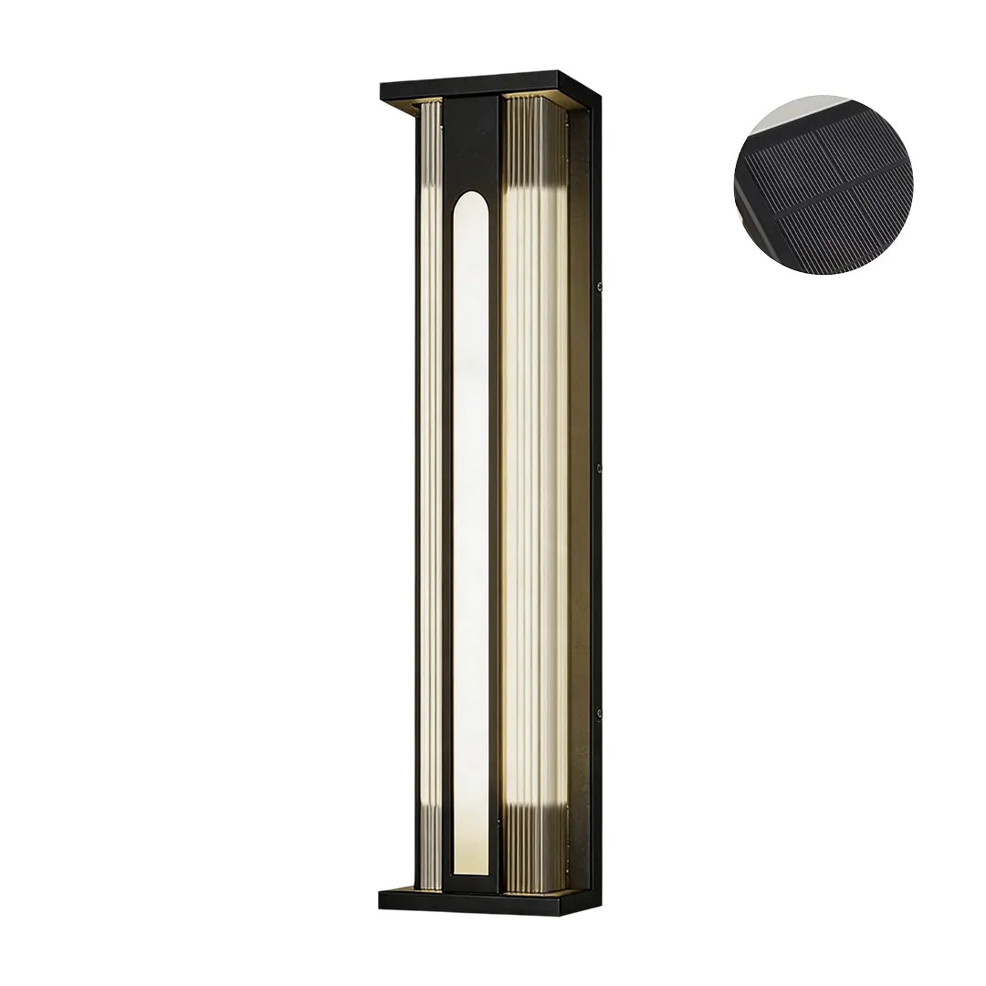 Tall solar wall sconce with black metal frame and integrated solar panel