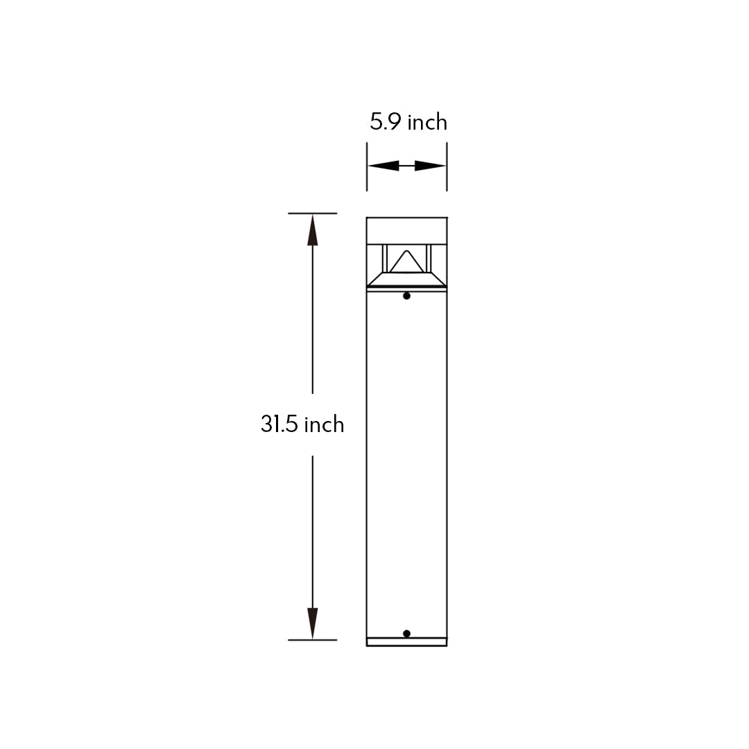 Technical drawing with measurements for tall square bollard light with horizontal light band