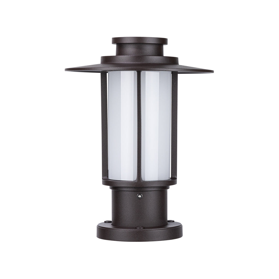 Tall traditional-style outdoor lights illuminating walkway with warm glow