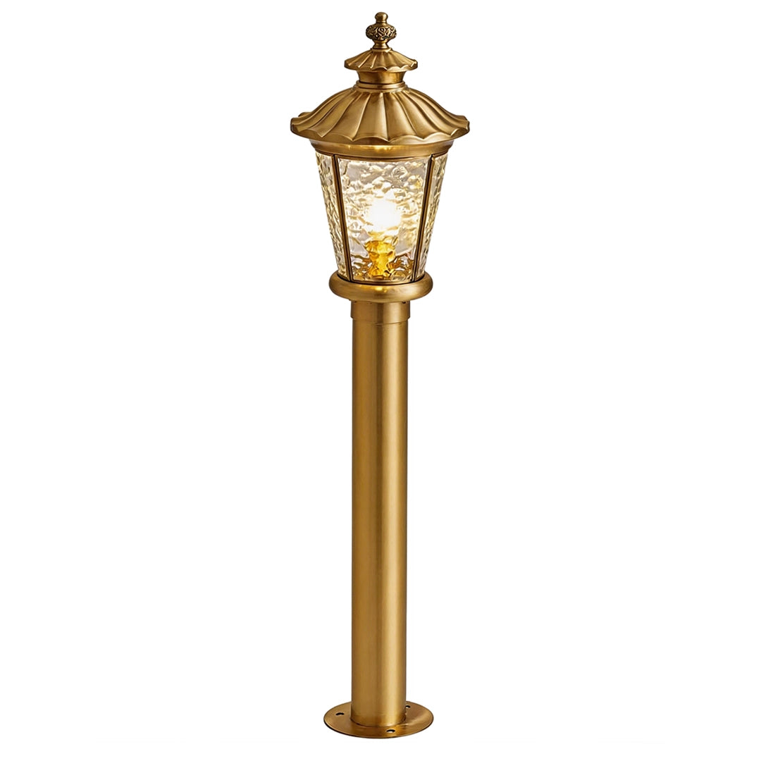 Tall vintage brass pathway light with textured glass and decorative lantern top