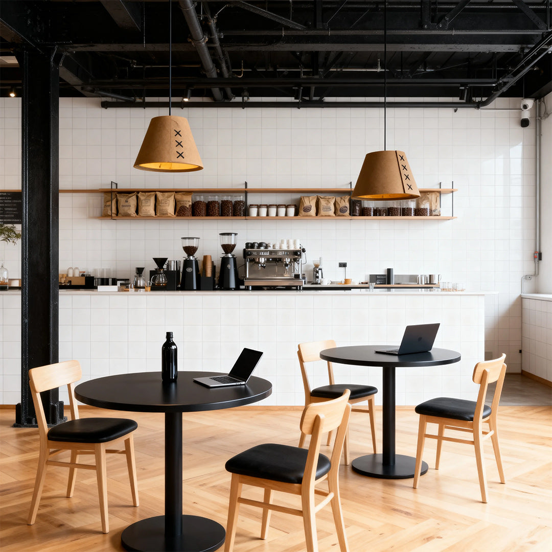 Industrial cafe interior design featuring a single tan felt hanging pendant light above a small table 