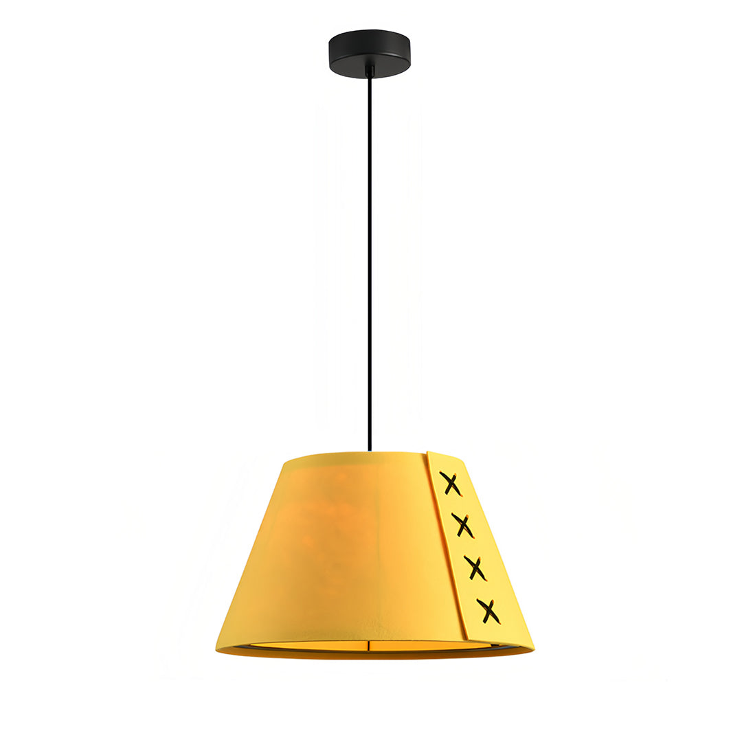 Individual product shot of a tapered yellow hanging pendant light on a white background 