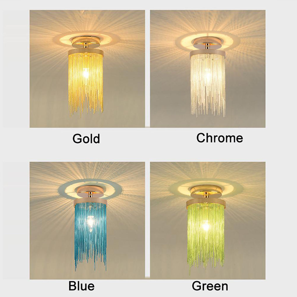 Tassel chandelier color options showing gold, chrome, blue, and green flush mount finishes.