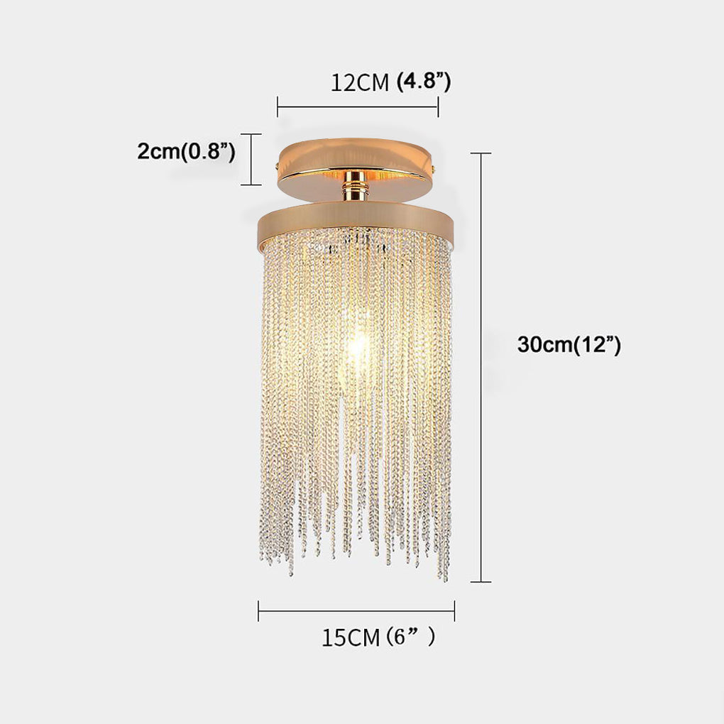 Tassel chandelier size diagram showing the dimensions of a compact flush mount crystal fringe ceiling light.